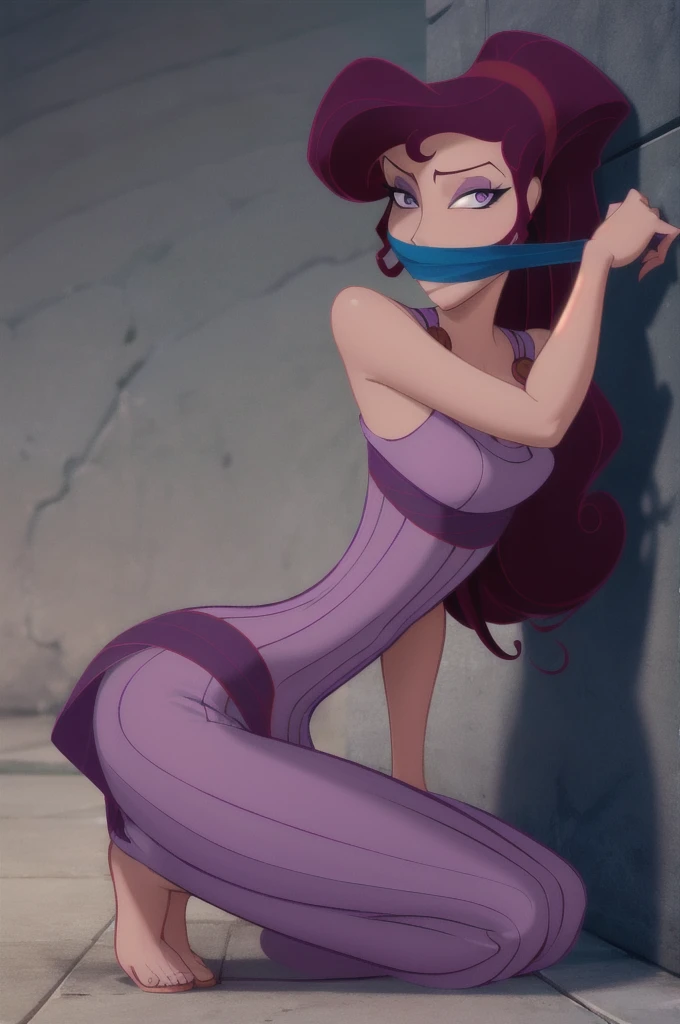 modelshoot style, megara, 1girl, long brunette hair, ponytail, purple eyes, eyeshadow, long greek purple dress, bare shoulders, arms bound to her sides with gray smoke, OTM gagged with gray smoke, sitting on her knees, leaning forward, eyes wide with fear, looking at viewer
