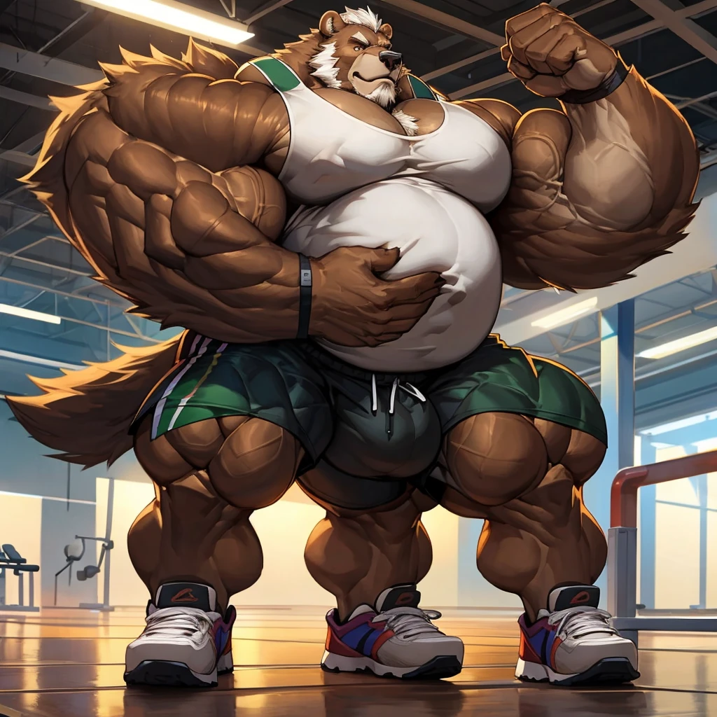 chubby Grizzly Bear in gymnasium fitness center (wearing white gym shorts and white tank top, gym shoes), big balls, hyper muscle, hyper muscular, hyper pecs, hyper pectoral, absurdly muscular, absurdly muscle size, flare lights, bur background, old grizzly bear, thick arm, huge arm, bearded. Thick huge heavy brown fur, White hair and long beard, bearded, muscular, pectoral, wide pectoral, large pectoral, realistic, 8k, masterpiece, tricep dips