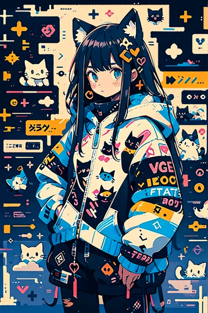 anime girl with black hair and a cat hat, anime style illustration, moe artstyle, wallpaper 8 k, digital illustration, beautiful catgirl, she wears a hoodie with animal ears and technowear technology, futuristic fashion in black and holographic colors, many details and buttons on it, cables coming out of the sleeves, the background is that of a simple pattern with cat motifs and paws, purple and black, black cat eyes, holographic, holo details
