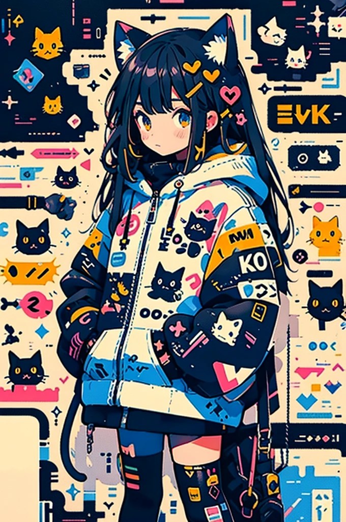 anime girl with black hair and a cat hat, anime style illustration, moe artstyle, wallpaper 8 k, digital illustration, beautiful catgirl, she wears a hoodie with animal ears and technowear technology, futuristic fashion in black and holographic colors, many details and buttons on it, cables coming out of the sleeves, the background is that of a simple pattern with cat motifs and paws, purple and black, black cat eyes, holographic, holo details