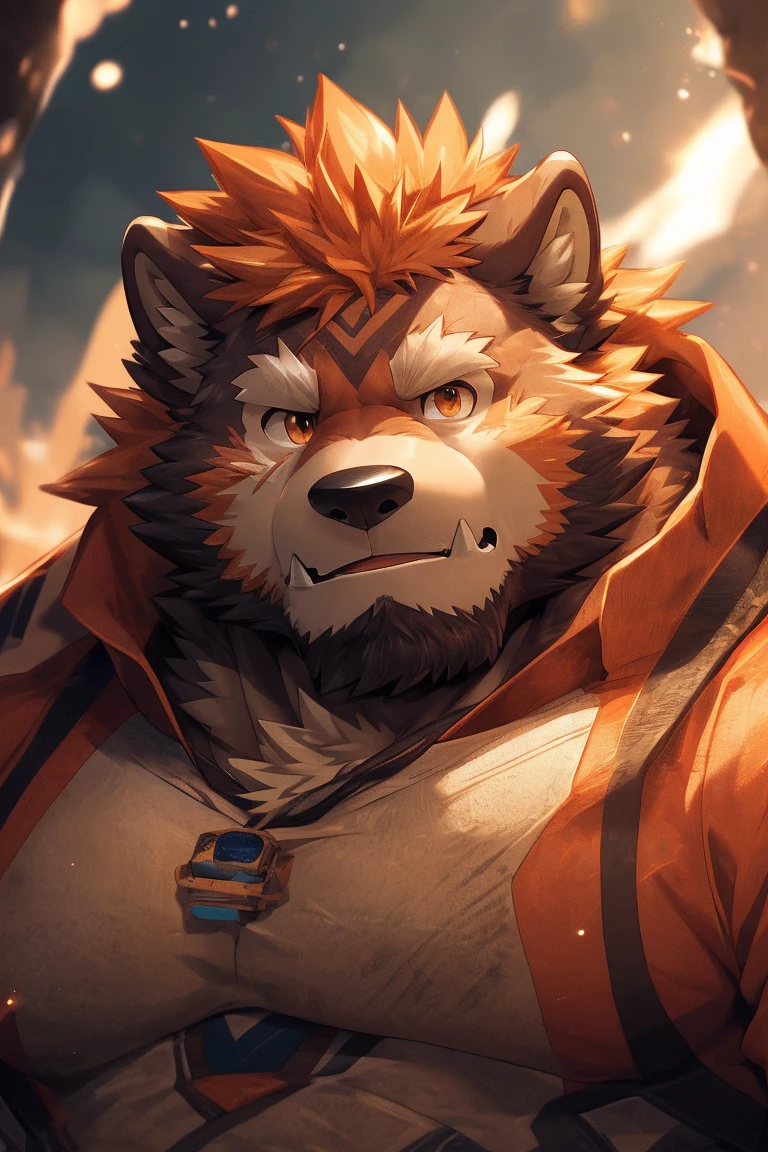 human nature, Wildlife, male,36 years old，Uncle， solitary, ((Round Face, The face is plump,Orange eyes,Thick orange hair，With scars)), ((Endomorph, Handsome，Hot Blood)), （Mecha suit，No electricity，exhaustion), ((domestic 狼, Wolf Orc，) Fluffy fur, Fluffy), Bokeh, (high quality, high resolution, masterpiece), (Dynamic Lighting, Vibrant colors), (Revitalize，harm，Disdain), Full body picture (close up), cartoon, author：Takemoto Arashi, From zixiong, By Chunni, author：Empty Ghost，（background：Rainy forest）