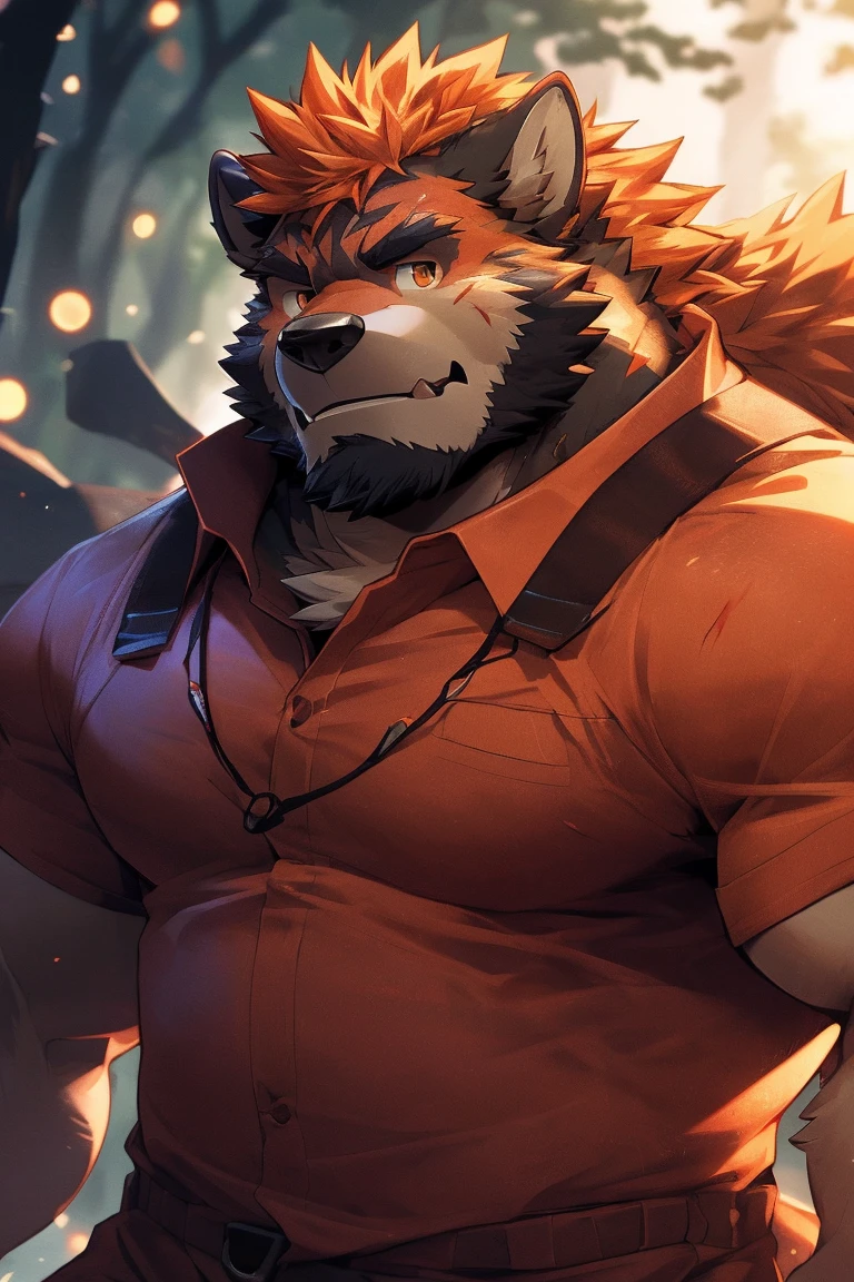 human nature, Wildlife, male,36 years old,Uncle, solitary, ((Round Face, The face is plump,Orange eyes,Thick orange hair,With scars)), ((Endomorph, Handsome,Hot Blood)), (Mecha suit,No electricity,exhaustion), ((domestic 狼, Wolf Orc,) Fluffy fur, Fluffy), Bokeh, (high quality, high resolution, masterpiece), (Dynamic Lighting, Vibrant colors), (Revitalize,harm,Disdain), Full body picture (close up), cartoon, author:Takemoto Arashi, From zixiong, By Chunni, author:Empty Ghost,(background:Rainy forest)