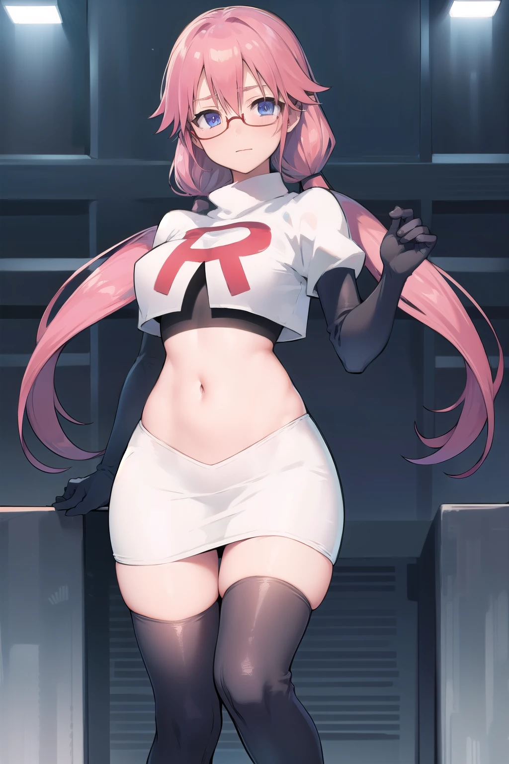 airisakura, airi sakura, blue eyes, glasses, long hair, pink hair, (low twintails:1.5),
BREAK glasses, team rocket,team rocket uniform,white skirt,red letter R,crop top,black thigh-highs,black elbow gloves,
BREAK looking at viewer, 
BREAK (masterpiece:1.2), best quality, high resolution, unity 8k wallpaper, (illustration:0.8), (beautiful detailed eyes:1.6), extremely detailed face, perfect lighting, extremely detailed CG, (perfect hands, perfect anatomy),