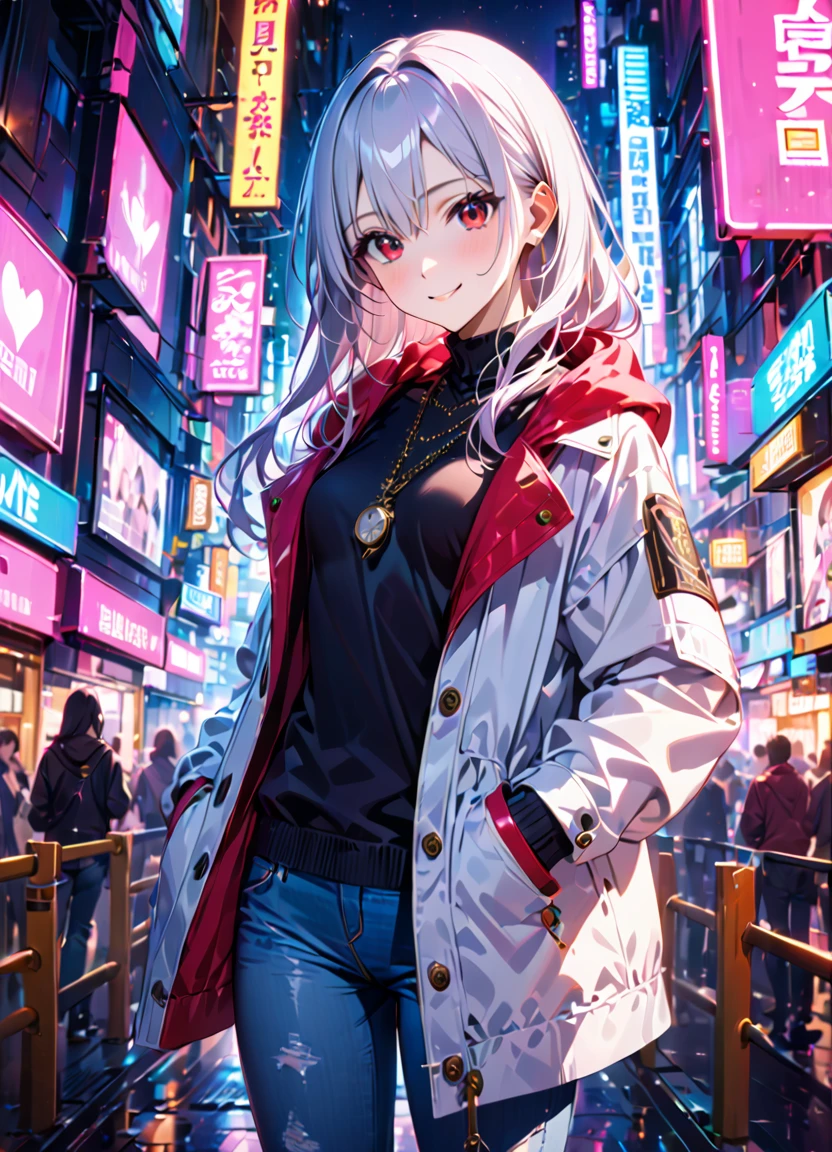 1girl, 15 years old, slim, small breasts, white hair, hairs between eyes, shoulder length hair, pale skin, bright red eye:1.3, white duffle coat and long-sleeve black sweater, open jacket, jeans, gold pocket watches hanging from the neck, BREAK kawaii, smile, cowboy shot, pose, (cyberpunk night city:1.3), neon light, (light particle:1.3), BREAK smooth skin, cinematic lighting, volumetric shadow, BREAK source_anime, score_9, score_8_up, score_7_up, (masterpiece:1.2), (best quality:1.2), (very aesthetic:1.2), (absurdres:1.2), (detailed background), newest, (intricate:1.2), ai-generated, BREAK