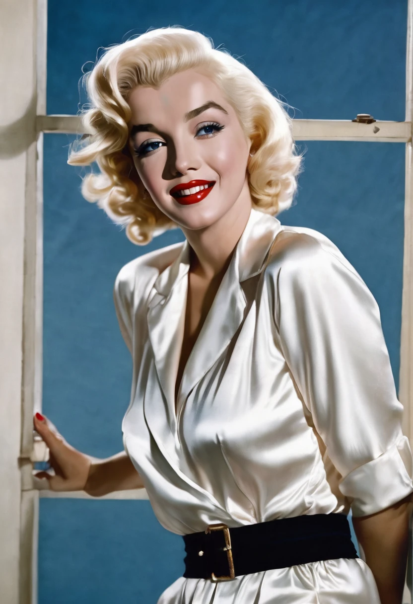 Medium shot,best quality, Marilyn Monroe,White silk pajamas with suspenders、Very large bust、Clearly outlined,Clear waist,long hair、Smile、White pajamas fit tightly to the body curve。Highlights are clear,Solid blue background, Deep blue eyes. Blonde hair. Red lips. beautiful.