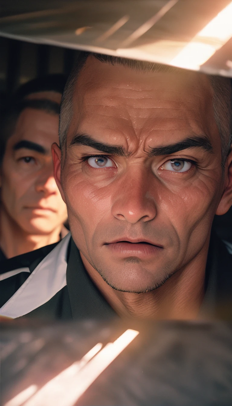 (8K, RAW photos, best quality, masterpiece: 1.4), (((关在Jail的Middle-aged men))),Ultra-high resolution, Extremely detailed, light, Upper body close-up, Middle-aged men, black eyes, (delicate eyes, Eyes are bright:1.2), Black buzz cut, Fair skin,dark, Prison uniform,(perfect anatomy:1.2), High-quality shadows, Natural Lighting, (White highlights:1.2), night, cloudy day, (Jail:1.2), (Frustration:1.2)