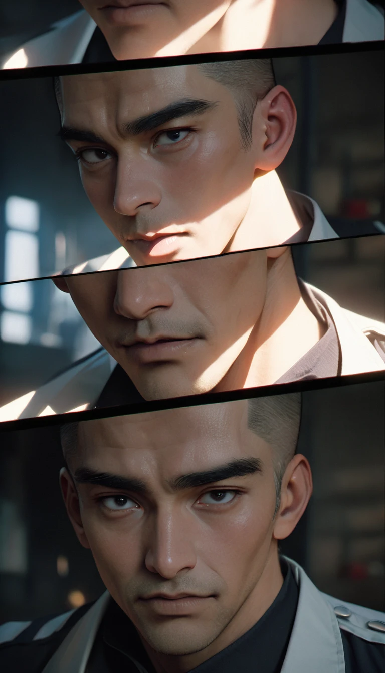 (8K, RAW photos, best quality, masterpiece: 1.4), (((关在Jail的Middle-aged men)))，Ultra-high resolution, Extremely detailed, light, Upper body close-up, Middle-aged men, black eyes, (delicate eyes, Eyes are bright:1.2), Black buzz cut, Fair skin,dark, Prison uniform,(perfect anatomy:1.2), High-quality shadows, Natural Lighting, (White highlights:1.2), night, cloudy day, (Jail:1.2), (Frustration:1.2)