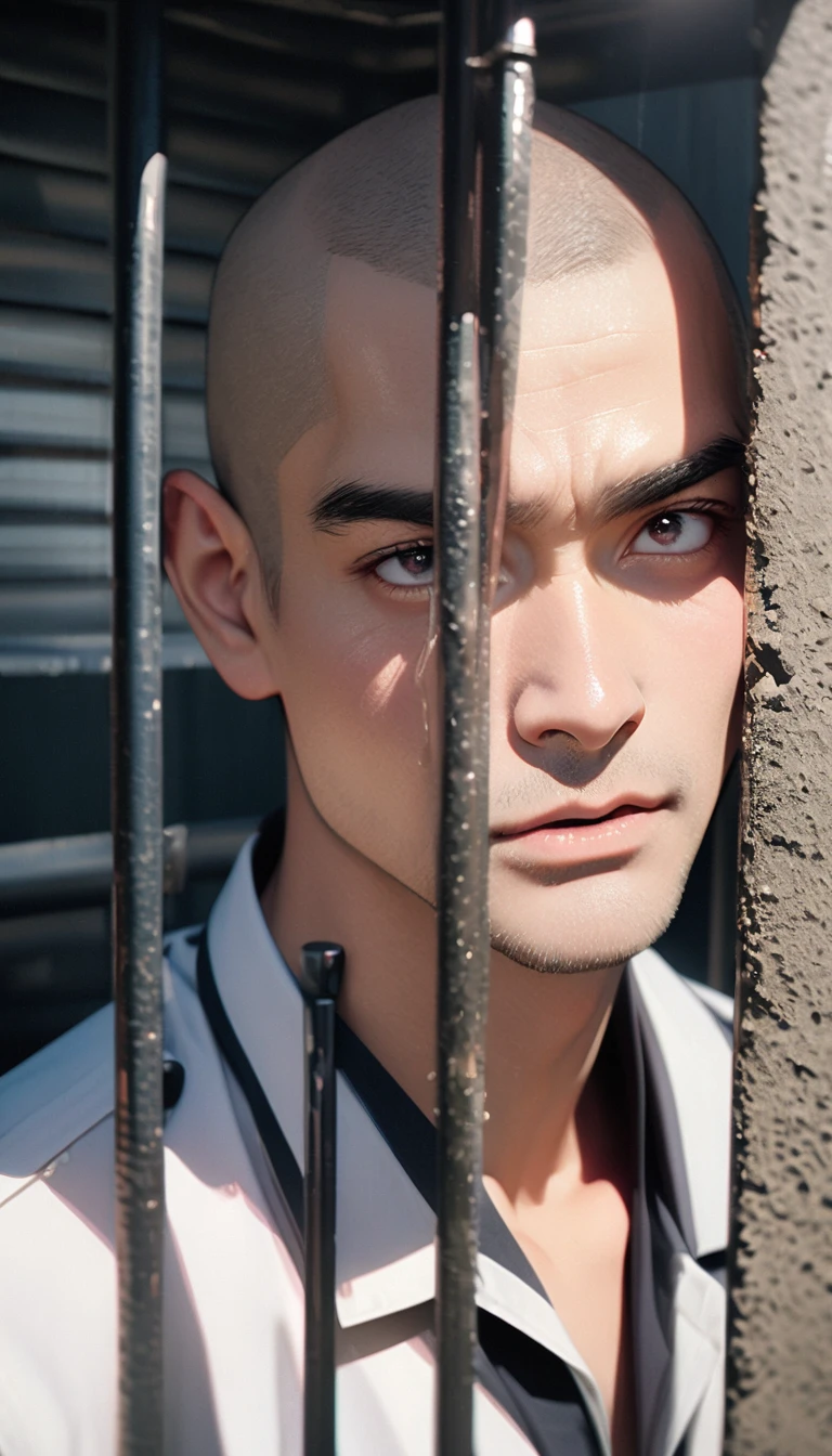 (8K, RAW photos, best quality, masterpiece: 1.4), (((关在Jail的Middle-aged men)))，Ultra-high resolution, Extremely detailed, light, Upper body close-up, Middle-aged men, black eyes, (delicate eyes, Eyes are bright:1.2), Black buzz cut, Fair skin,dark, Prison uniform,(perfect ???????:1.2), High-quality shadows, Natural Lighting, (White highlights:1.2), night, cloudy day, (Jail:1.2), (Frustration:1.2)