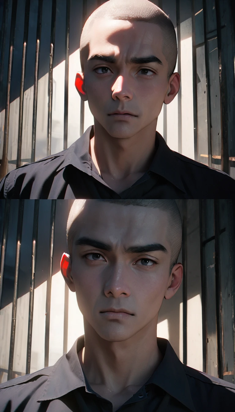 (8K, RAW photos, best quality, masterpiece: 1.4), (((关在Jail的Middle-aged men))),Ultra-high resolution, Extremely detailed, light, Upper body close-up, Middle-aged men, black eyes, (delicate eyes, Eyes are bright:1.2), Black buzz cut, Fair skin,dark, Prison uniform,(perfect anatomy:1.2), High-quality shadows, Natural Lighting, (White highlights:1.2), night, cloudy day, (Jail:1.2), (Frustration:1.2)