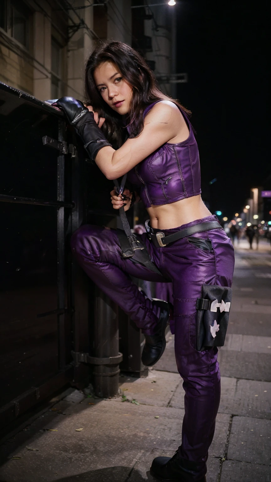 (masterpiece), (photorealistic1.4), (1 girl), (solo), (best quality), (epiCRealLife), (Kate Bishop long hair), (sleeveless top), (kateb2023 black utility belt), (kateb2023 purple costume), (purple pants) (kateb2023 purple sleevless bodysuit), (kst3w),(white scarf), bare shoulder), (night time), (black boot), (elbow gloves), (abs), (flash photography), (film photo), (cowboy shots), (outdoor), (street of new york), (at night), (look at viewers),(light smile)