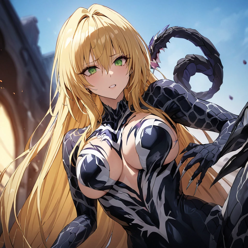 ((Highest quality)), ((masterpiece)), (detailed), （Perfect Face）、The female Venom is Tiare, a green-eyed, blonde, medium-long-haired female Venom, whose body has been completely transformed into Venom and who is wearing a Venom suit.