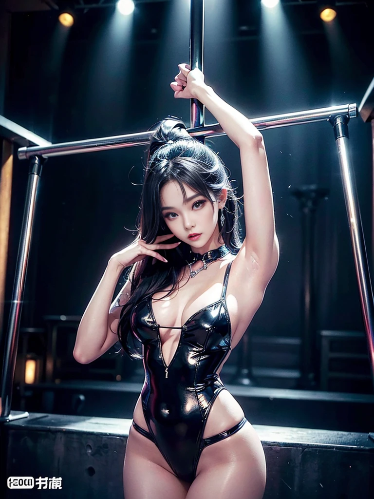 ((beautiful sexy pole dancer、20 years old))、8K high definition、A work of art with very realistic details.、photoreal stick、official art、a bewitching atmosphere、super best style、revealing outfit、The background is a stage、blurred background、