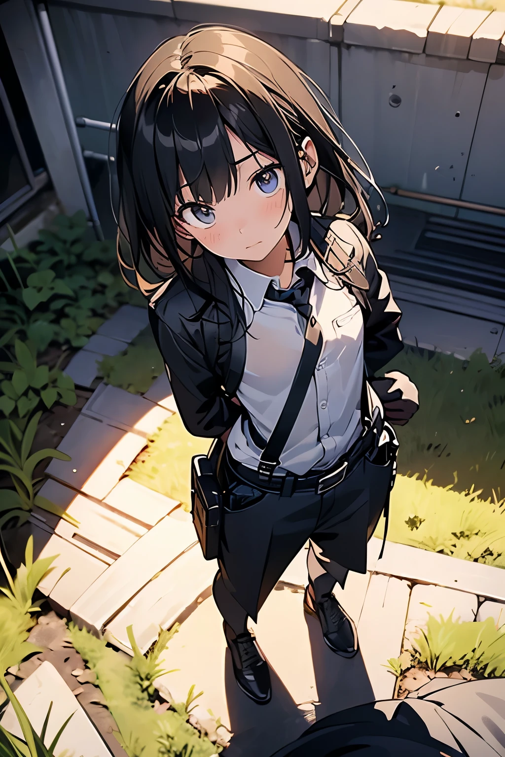 high quality, masterpiece, Ultra-high resolution, (realism: 1.4), Oil painting style, Cinema Lighting, An endless grassland dotted with a few houses, I stood on the empty asphalt road and looked at it., Fairy Mountain々was shrouded in mist, And the suspenders with the cranes flying Moderate breasts Small face holster Lying in bed Looking up Sweat belt summer 脇Sweat Black Hole Gloves suit shirt Black jacket Black trousers Leg Links ズボンにbelt holster Hands behind your back Anxious expression Looking up Anxious face