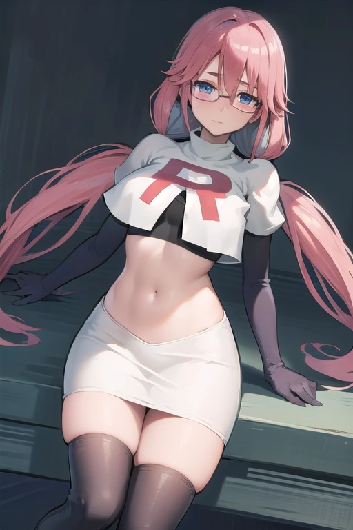 airisakura, airi sakura, blue eyes, glasses, long hair, pink hair, (low twintails:1.5),
BREAK glasses, team rocket,team rocket uniform,white skirt,red letter R,crop top,black thigh-highs,black elbow gloves,
BREAK looking at viewer, 
BREAK (masterpiece:1.2), best quality, high resolution, unity 8k wallpaper, (illustration:0.8), (beautiful detailed eyes:1.6), extremely detailed face, perfect lighting, extremely detailed CG, (perfect hands, perfect anatomy),