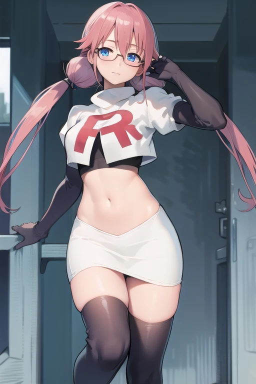 airisakura, airi sakura, blue eyes, glasses, long hair, pink hair, (low twintails:1.5),
BREAK glasses, team rocket,team rocket uniform,white skirt,red letter R,crop top,black thigh-highs,black elbow gloves,
BREAK looking at viewer, 
BREAK (masterpiece:1.2), best quality, high resolution, unity 8k wallpaper, (illustration:0.8), (beautiful detailed eyes:1.6), extremely detailed face, perfect lighting, extremely detailed CG, (perfect hands, perfect anatomy),