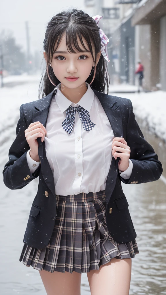 ((smile))、Confused、RAW Photos、(((The ultimate portrait masterpiece)))、((The cutest girl in the world:1.4))、1 Girl、12 years old、Japanese、Cute face、((Silky Hair))、(A high ponytail tied with a ribbon:1.4)、((Super huge breasts:1.4))、((Eyes that shine like jewels))、Glowing Skin、(young woman;Consisting of a transparent white shirt, Thin ribbon, blazer, Checkered Pleated Skirt.:1.5)、Winter clothes、(Uniforms made from high quality fabrics:1.4)、Ultra-detailed uniforms、(She shyly pulls up her skirt:1.3)、(Elegant lace panties are visible.:1.3)、((Crotch from the front))、Skirt fluttering in the wind、eyeliner、Beautiful Bangs、Hair between the eyes、((solve、High resolution))、Detailed Background、8 QHD、Digital SLR、Soft Light、high solve、Film Grain、Fujifilm XT3、Shallow depth of field、Natural Soft Light、Tight waist,(sometimes upskirt:10%),(Nipples pumping:10% or pussy line pumping:10%),(Get wet from heavy snow:50% or get wet in heavy rain:50%)