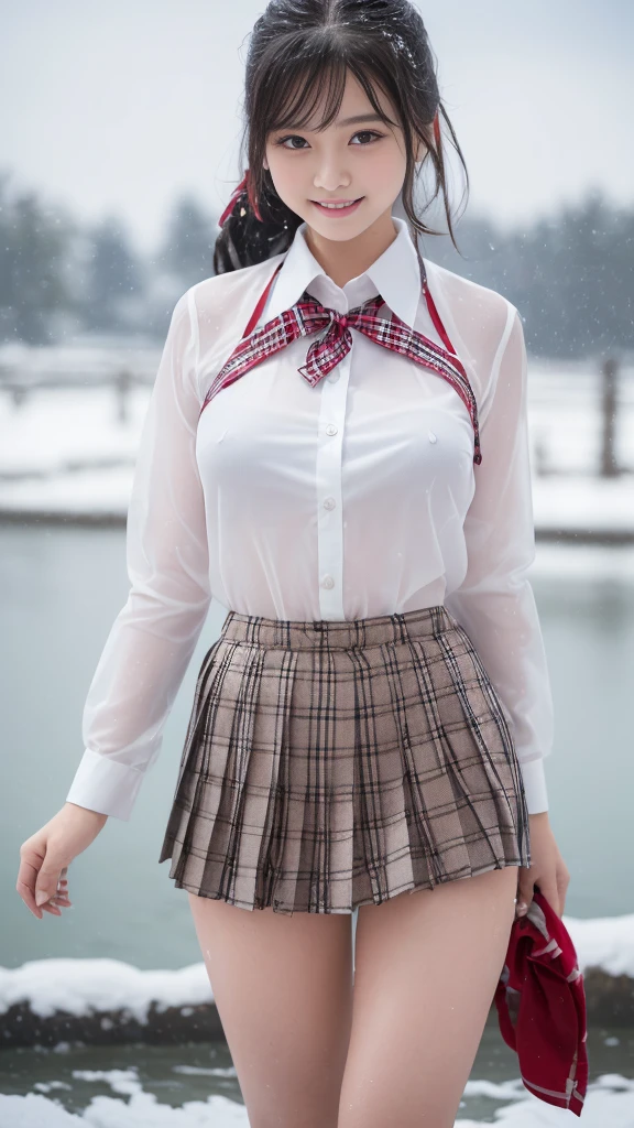 ((smile))、Confused、RAW Photos、(((The ultimate portrait masterpiece)))、((The cutest girl in the world:1.4))、1 Girl、、Japanese、Cute face、((Silky Hair))、(A high ponytail tied with a ribbon:1.4)、((Super huge breasts:1.4))、((Eyes that shine like jewels))、Glowing Skin、(young woman;Consisting of a transparent white shirt, Thin ribbon, blazer, Checkered Pleated Skirt.:1.5)、Winter clothes、(Uniforms made from high quality fabrics:1.4)、Ultra-detailed uniforms、(She shyly pulls up her skirt:1.3)、(Elegant lace panties are visible.:1.3)、((Crotch from the front))、Skirt fluttering in the wind、eyeliner、Beautiful Bangs、Hair between the eyes、((solve、High resolution))、Detailed Background、8 QHD、Digital SLR、Soft Light、high solve、Film Grain、Fujifilm XT3、Shallow depth of field、Natural Soft Light、Tight waist,(sometimes upskirt:10%),(Nipples pumping:10% or pussy line pumping:10%),(Get wet from heavy snow:50% or get wet in heavy rain:50%)