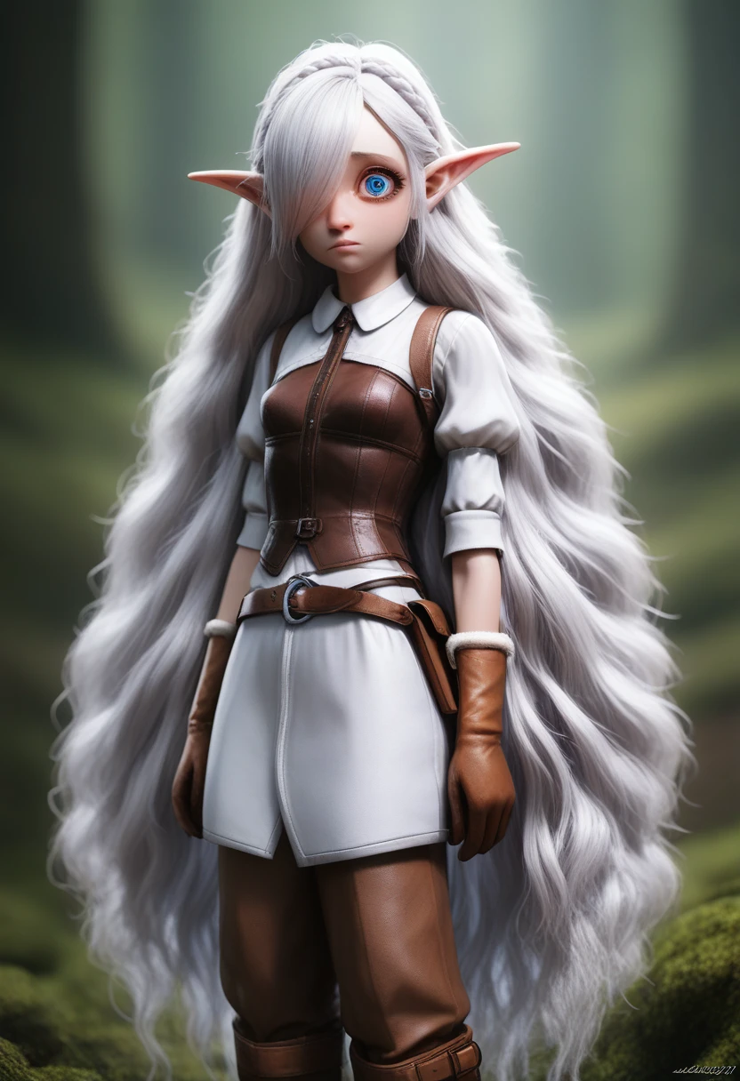 A girl with pale skin, short stature, very long wavy silver hair covering one eye, small breasts, pouty lips, and bright blue anime-style eyes with long lashes, wearing a corset, white puffy long sleeved shirt, and puffy cloth pants, leather bound boots, set in a windy fantasy landscape, (best quality,4k,8k,highres,masterpiece:1.2),ultra-detailed, dungeons and dragons, long elf ears, small girl, detailed skin and cloth textures, cute detailed face, intricate details, extremely detailed, 1girl, dynamic pose with hair covering one eye, shy personality, puffy cloth pants with leather belt, detailed privateer outfit, detailed buccaneer outfit, pouch on belt, wearing ornate leather armor with fur trim, silver inlay detail, wearing fur trimmed boots, wearing fur trimmed gloves, short, short height, halfing girl, small girl, very long detailed flowing hair, big head, big round eyes, windy, wind blown hair, wirey muscles