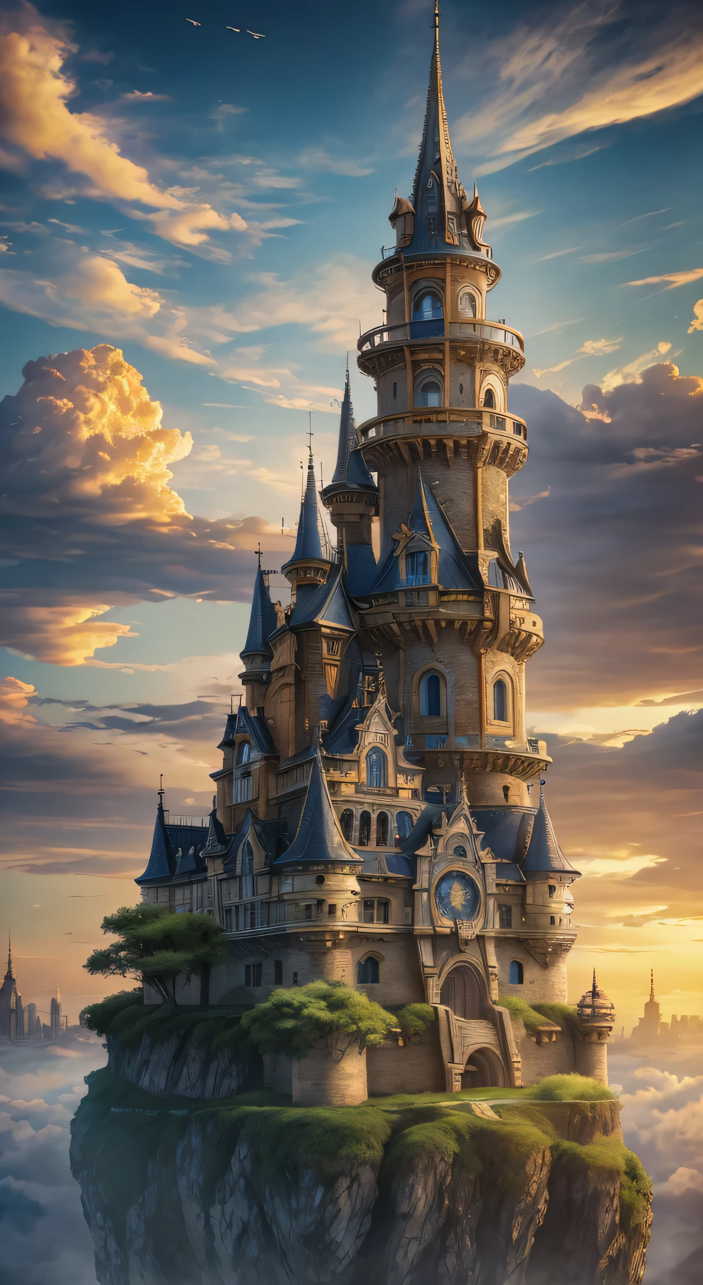 with high definition images，Ultra-detailed、High detail、high quality、8K、Miyazaki style、Steampunk style castle floating in the sky、Clouds and sky、Exudes mystery and technology 。Mirage City。