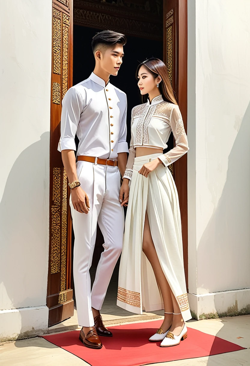 candid fashion illustration of two young man and women, 20-27 year old, adorned in a meticulously crafted North Thai traditional outfits, Lampang, ((showcase fashion Lanna style in white cotton handwoven)), simple elegant style, The man wears a simple long-sleeved white mandarin collar shirt, paired with white Tailor pants, and oxford shoes, The woman complements him with white tubular skirt or Sarong, ankle-length with simple minimal patterns, fitted intricately decorated blouse that complements the skirt, Captured in a low angle, ((full-body image)), ((imperfect Thai temple water color background)), sketching, realistic drawing, imperfect water color drawing, fashion look book, fashion illustrator, sketch design,