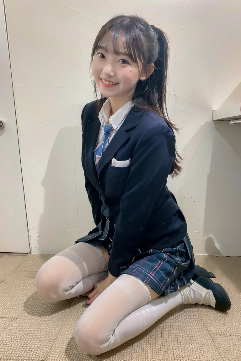 (8K), (highest quality: 1.2), (realistic), (realistic: 1.37), ultra high resolution, (1 girl), cute, smile, closed mouth, beautiful details, beautiful nose, wet hair, giant dulcefo, pork, thighs,Self snap,High school Student Uniform,(A simple navy blue blazer),pleated skirt,(The skirt and tie are gray tartan check pattern....:1.3),(sitting:1), sit on the ground,(hug your feet:1),white pantyhose,from the front,knees、loafers、Low - Angle、Checkered Pleated Skirt、Ponytail 1.2、Knee-high socks、barefoot、((Between the legs、White panties))