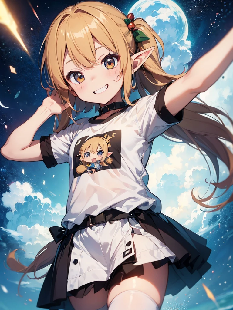 High quality, 8K Ultra HD, (chibi-style), テーマパーク, an little cute elf girl, over large size t-shirts, smile 