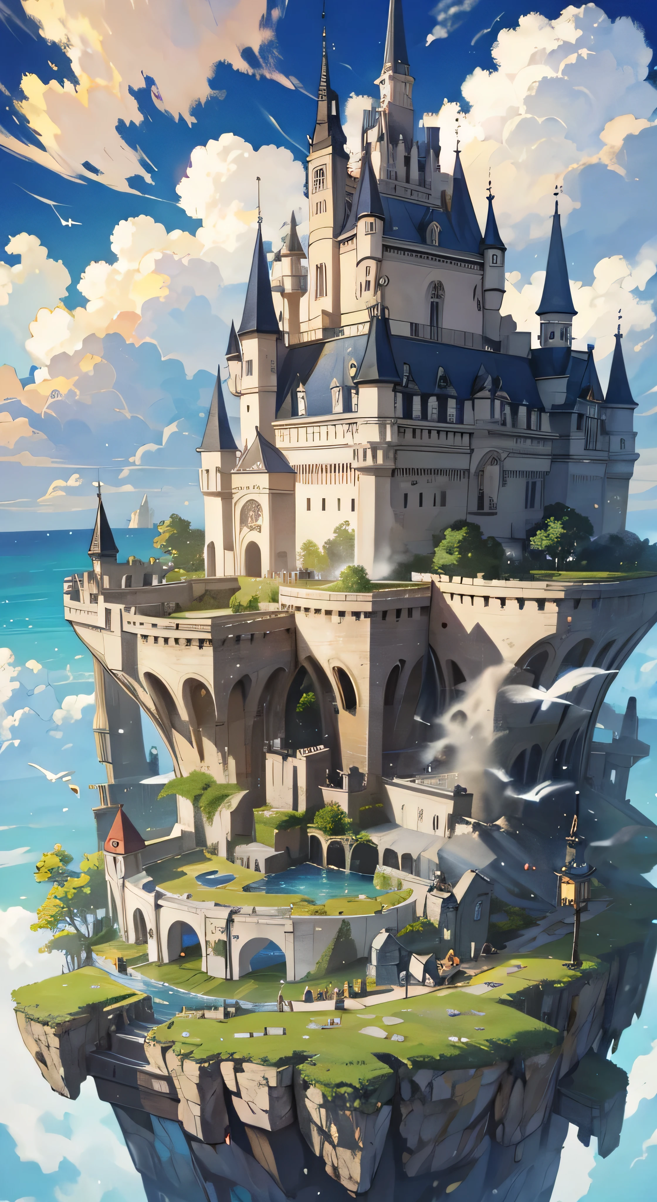 with high definition images，Ultra-detailed、High detail、high quality、8K、Miyazaki style、Steampunk style castle floating in the sky、Clouds and sky、Exudes mystery and technology 。Mirage City。