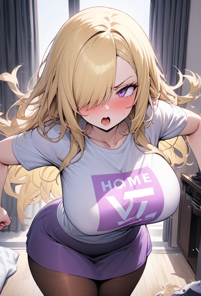 ((Best Quality)), ((Masterpiece)), (detailed), 1 girl, Pastel yellow hair, long hair, hair covers one eye, purple eyes, big breasts, big thighs, , white vote t-shirt, purple skirt, brown pantyhose, pouting, expwctativa arrives, clenching fists, throwing a tantrum, at home