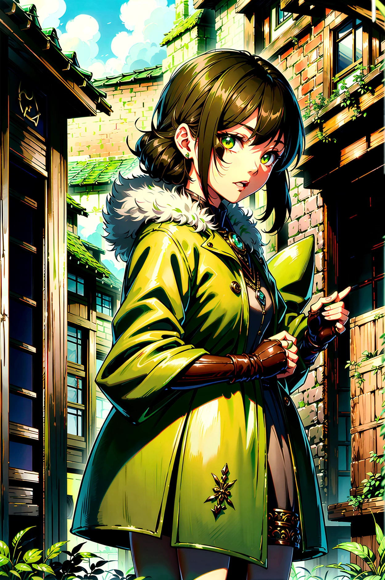 yuichiro hyakuya girl, (WithoutFear:1), 1 girl, black hair, green eyes, brown coat, gray armor, elves, sylvan, green cloak, dark brown gloves, forest, fur trim, anime, standing, good quality, portrait, looking at viewer