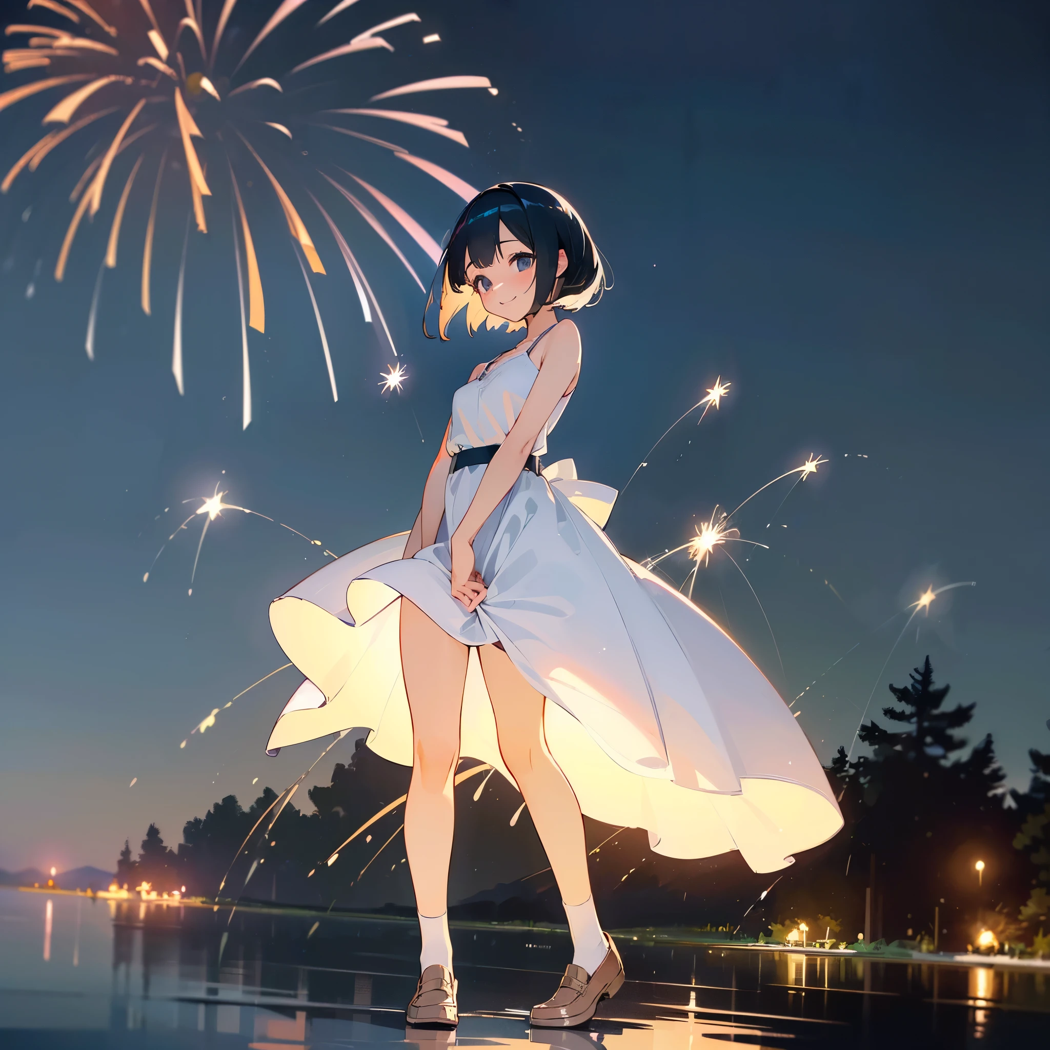 (high quality, High resolution, Very detailed, reality:1.37), Peaceful atmosphere, (Night Sky, firework), Teenage girl standing alone, (my breasts are big.), Beautiful details, Cute Smile, (Black bob hair), White camisole dress, White socks, loafers.