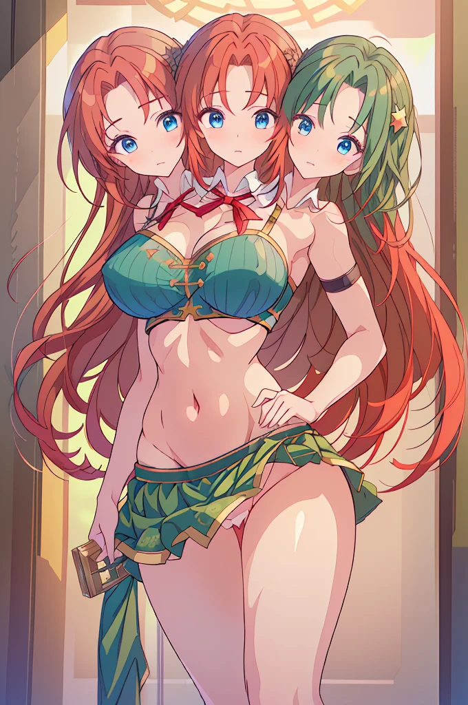 (masterpiece, best quality),best quality, (ultra-detailed), (3heads:1.5), 1girl, (ultra-detailed), (3heads:1.5), 1girl, (hong meiling:1.3), masterpiece, (best quality:1.5, highres, UHD), highres, absurdo, ultra detail, ultra quality, Ultra resolution, green top, crop top, ((stomach)), midriff, ((groin)), green skirt, miniskirt, normal ears, shackles, (red hair), (redhead), very long hair, wavy hair, sidelocks, blue eyes, parted lips, midriff, sweat, cute, toned belly, hand on own chest, eyelashes, (24 year old woman:1.3), (masterpiece:1.5), (best quality:1.5), (beautiful detailed), extremely detailed CG, extremely delicate and beautiful, depth of field, (finely detailed face), (perfect details:1.2), (mature female:1.3), wide pelvis, slender, large veiny breast, 16k resolution, high quality, high definition, extremely detailed, masterpiece, (red hair), long hair, (same hair color), alluring presence, twin braid, short skirt, close up, very big tits, huge tits, young, striped, green beret, hair ornament, chinese clothes, star hat ornament, open belly, nsfw, girl with three heads, three headed girl,