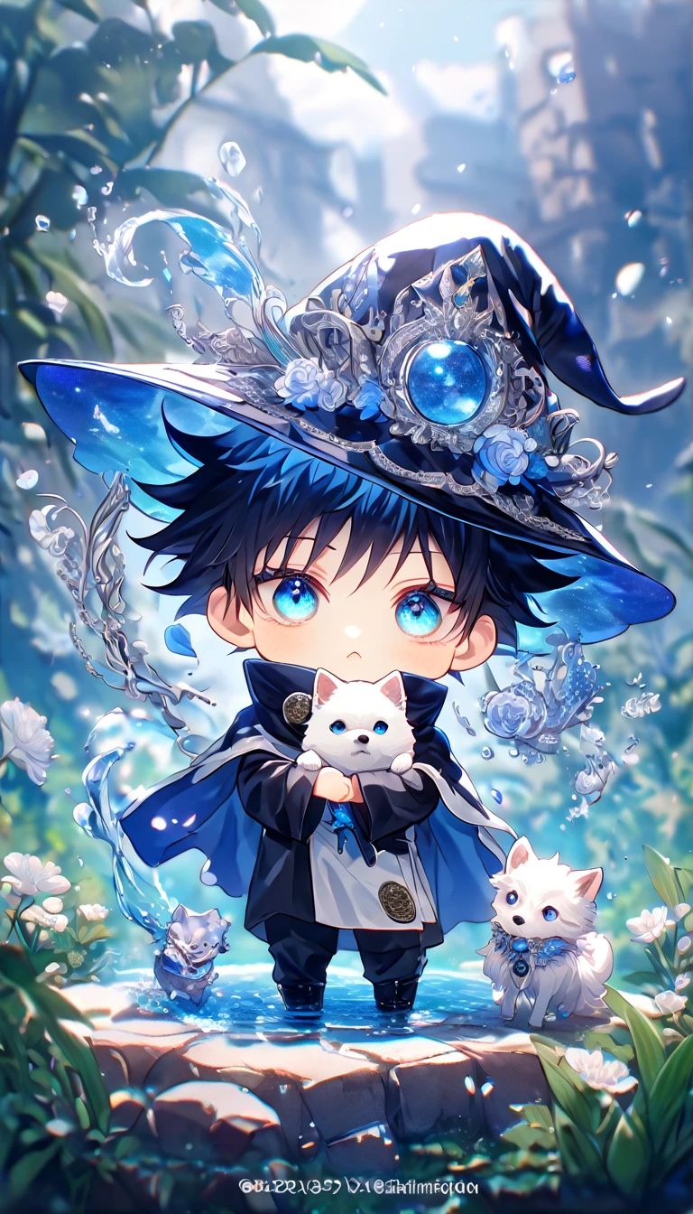 absurdres, highres, ultra detailed, HDR, master piece, Fushiguro Megumi chibi, black hair, expressive blue eyes, boy hugging a small wolf, white dog, expressive blue eyes, Jujutsu Kaisen, magical hat, cute, best quality, blue moon, flowers, fantasy, magical, solo, water, blue shining fireflies, blue petals, cape, the word "Krozseria" is written on his shirt,