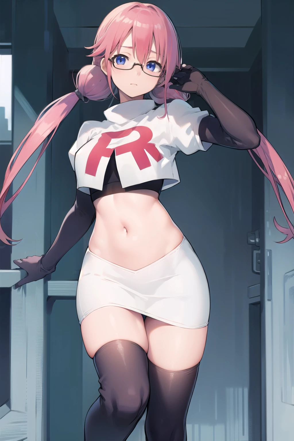 airisakura, airi sakura, blue eyes, glasses, long hair, pink hair, (low twintails:1.5),
BREAK glasses, team rocket,team rocket uniform,white skirt,red letter R,crop top,black thigh-highs,black elbow gloves,
BREAK looking at viewer, 
BREAK (masterpiece:1.2), best quality, high resolution, unity 8k wallpaper, (illustration:0.8), (beautiful detailed eyes:1.6), extremely detailed face, perfect lighting, extremely detailed CG, (perfect hands, perfect anatomy),