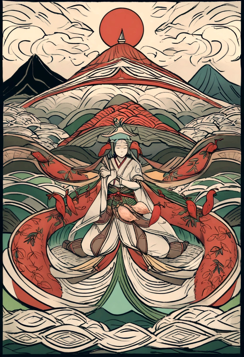 Red Chilis, Basil, Mt Hood,rivers,Sun,Mountain and sea skylark scrolls,Ancient mythology《Mountain and Sea Scriptures》,epic composition,Shadowing,national style,martial art,migration,Practice martial artartial arts