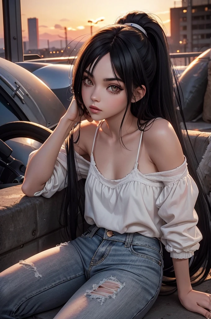 woman with black hair, grey-eyed, Caucasian skin, lying surrounded, grunge style, bangss, small eyes, Bela , 8K, white wigs,SUNSET, 2000s, toned full body
