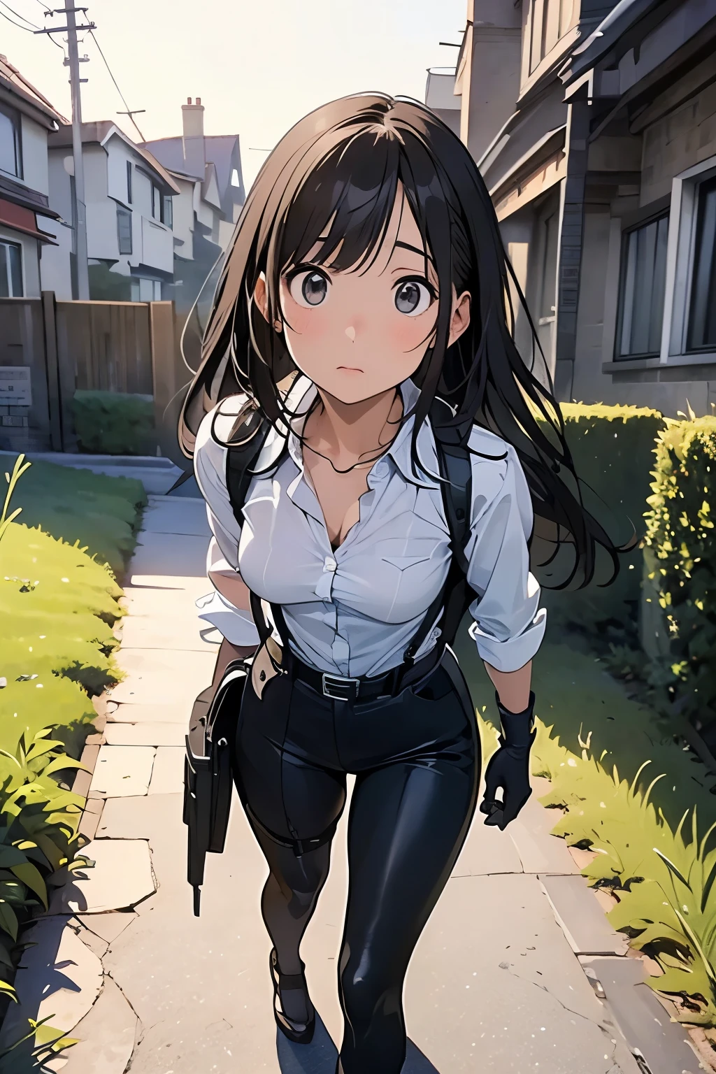high quality, masterpiece, Ultra-high resolution, (realism: 1.4), Oil painting style, Cinema Lighting, An endless grassland dotted with a few houses, I stood on the empty asphalt road and looked at it., Fairy Mountain々was shrouded in mist, And the suspenders with the cranes flying Moderate breasts Small face holster Lying in bed Looking up Sweat belt summer 脇Sweat Black Hole Gloves suit shirt Black jacket Black trousers Leg Links ズボンにbelt holster Hands behind your back Anxious expression Looking up Anxious face