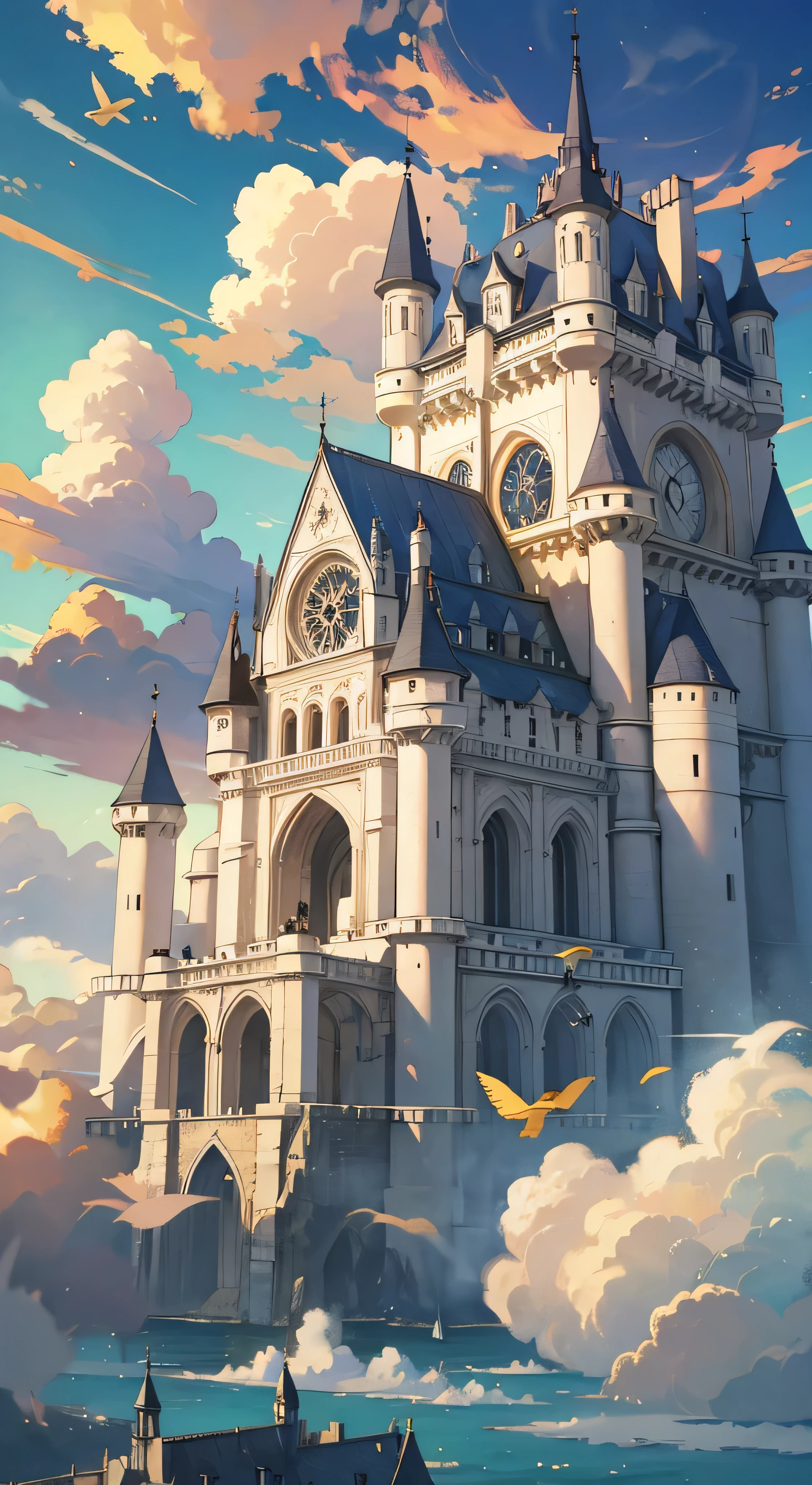 with high definition images，Ultra-detailed、High detail、high quality、8K、Miyazaki style、Steampunk style castle floating in the sky、Clouds and sky、Exudes mystery and technology 。Mirage City。