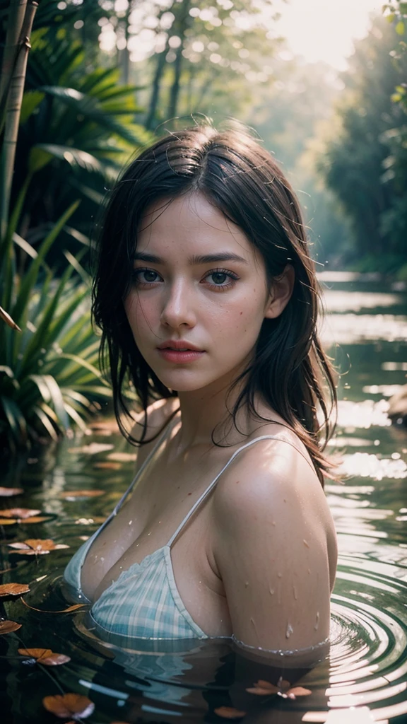 close up portrait of a cute woman (gldot) bathing in a river, reeds, (backlighting), realistic, masterpiece, highest quality, lens flare, shade, bloom, [[chromatic aberration]], by Jeremy Lipking, by Antonio J. Manzanedo, digital painting,