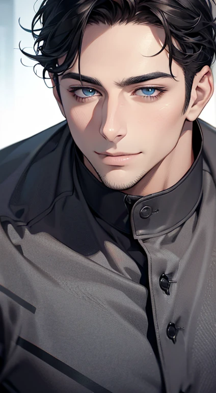 (best quality,4k,8k,highres,masterpiece:1.2),ultra-detailed,(realistic,photorealistic,photo-realistic:1.37),1 man,31 years old,mature man,very handsome,without expression,smile,short grey black hair,blue eyes,penetrating gaze,perfect face without errors,imposing posture,businessman,office background,cinematic lighting,hdr image