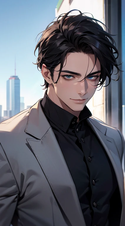 (best quality,4k,8k,highres,masterpiece:1.2),ultra-detailed,(realistic,photorealistic,photo-realistic:1.37),1 man,31 years old,mature man,very handsome,without expression,smile,short grey black hair,blue eyes,penetrating gaze,perfect face without errors,imposing posture,businessman,office background,cinematic lighting,hdr image