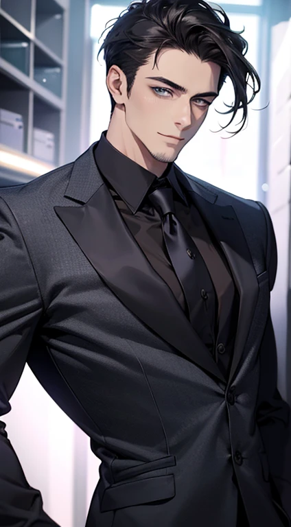(best quality,4k,8k,highres,masterpiece:1.2),ultra-detailed,(realistic,photorealistic,photo-realistic:1.37),1 man,31 years old,mature man,very handsome,without expression,smile,short grey black hair,blue eyes,penetrating gaze,perfect face without errors,imposing posture,businessman,office background,cinematic lighting,hdr image