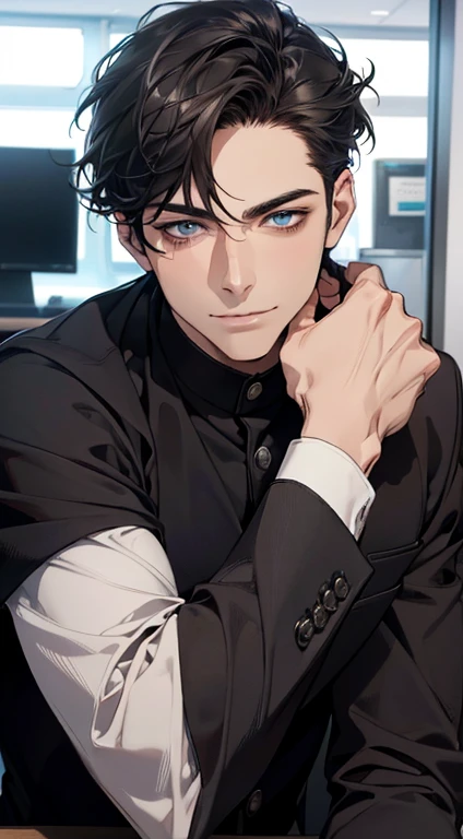 (best quality,4k,8k,highres,masterpiece:1.2),ultra-detailed,(realistic,photorealistic,photo-realistic:1.37),1 man,31 years old,mature man,very handsome,without expression,smile,short grey black hair,blue eyes,penetrating gaze,perfect face without errors,imposing posture,businessman,office background,cinematic lighting,hdr image