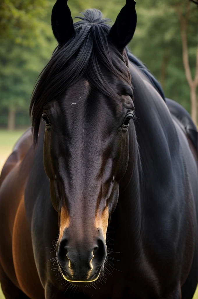A black majestic horse. Only up to the visible and from the side. The horse looks into the camera