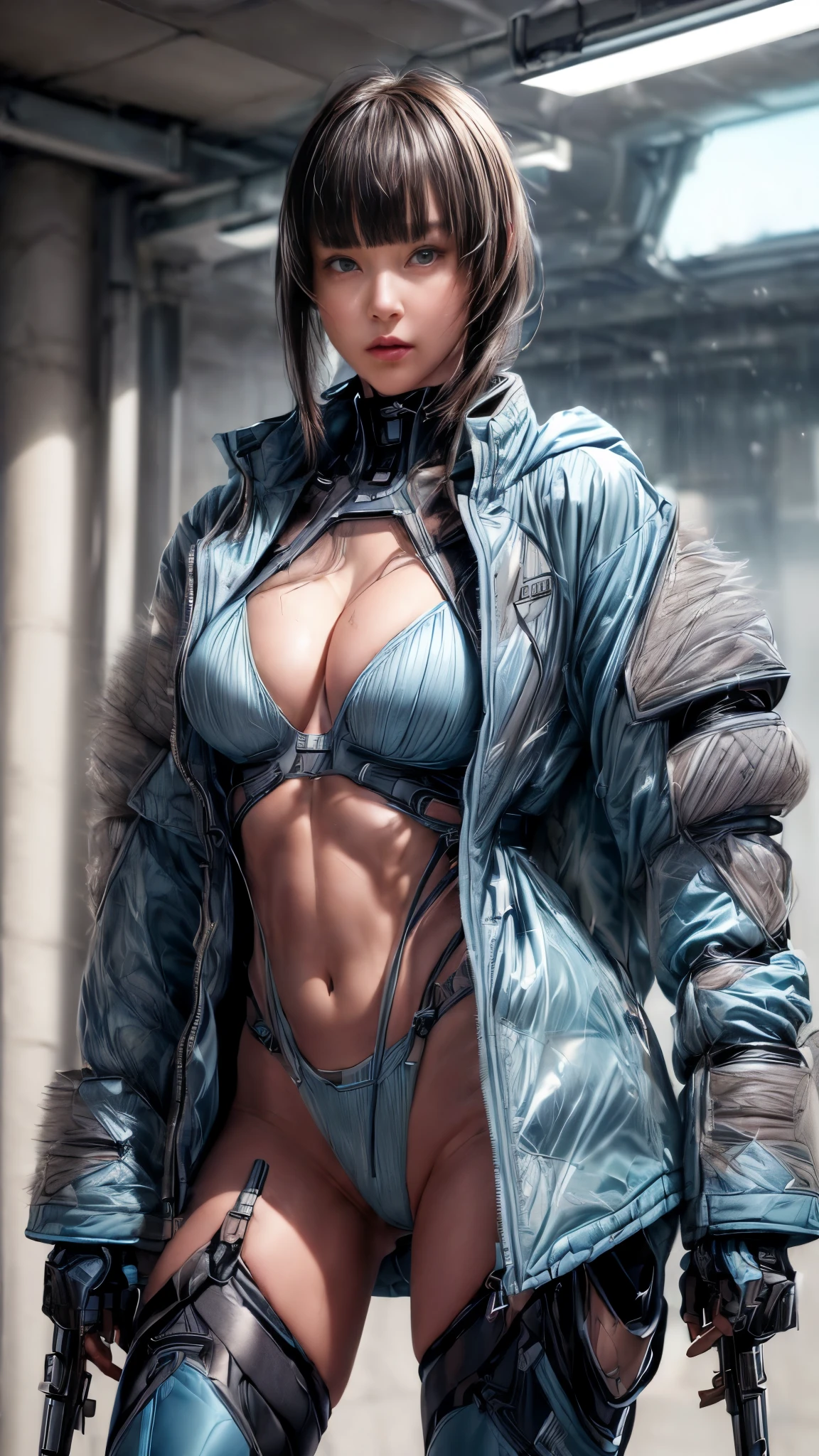 ((((In combat:1.4))))、(Browsing Caution:1.2)、((Too much exposed skin))、Very beautiful woman、Slender women、(Detailed face)、Realistic Skin、((Delicate photo)),(Girl masterpiece RAW photo details:1.25), (Highest quality:1.6), (Ultra-high resolution:1.5), (Realistic:1.75), 8K resolution, Canon EOS R5, 50mm, Absurd, Super detailed,Cinema Lighting、One Girl, 白hair,((princess_cut))、smile、 Window Shades,((Super tight light blue jacket coat)), Chest Rig, cyber punk, ((Techwear)),I can see your abs、Good top、((Big Breasts))、((The abdomen is visible))、(((Very subtle and futuristic design)))、((sexy wedgie))、((logo))、((Characters on clothing))、((With the weapons of the future))、((Posing))、(((blunt bangs)))