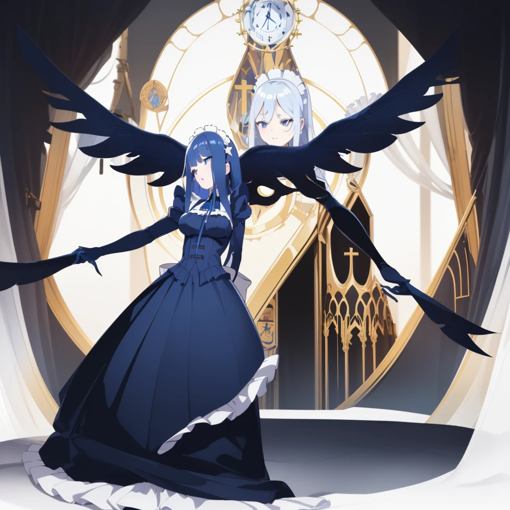 ((cathedral background)),1 girl! Ray tracing, best shadows, high resolution (dim lighting) blue hair, plump and slender girl, (girl wearing white shirt, black wrinkled skirt, with black transparent pantyhose), showing a delicate slim figure and graceful curves, correctly positioned and reasonable limbs! facial details! Delicate facial features, pay attention to the position details of the legs! Pay attention to hand details! High quality! More eligible! Reduce errors, ultra-detailed CG, more reasonable picture! Delicate finger detailing,((blue medium hair)),((White Maid Costume)),blue eyes,((whole body)),whole body,((White Maid Costume)),((White Maid Costume)),evil smile,((cathedral background)),((cathedral background)),