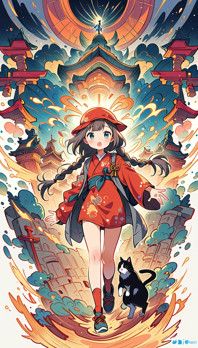 White background, Fujichoco style, short kimono, gray hair, big bust, whole body, light, temple, Torii, One cat, simple background, Simple line initialism, (((The most beautiful girls and boys))), wallpapers, 8K, Nizi,