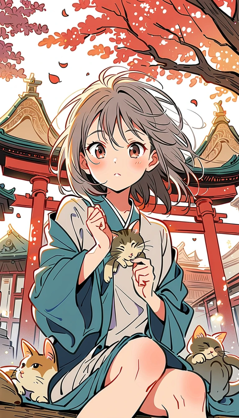 White background, Fujichoco style, short kimono, gray hair, big bust, whole body, light, temple, Torii, One cat, simple background, Simple line initialism, (((The most beautiful girls and boys))), wallpapers, 8K, Nizi,