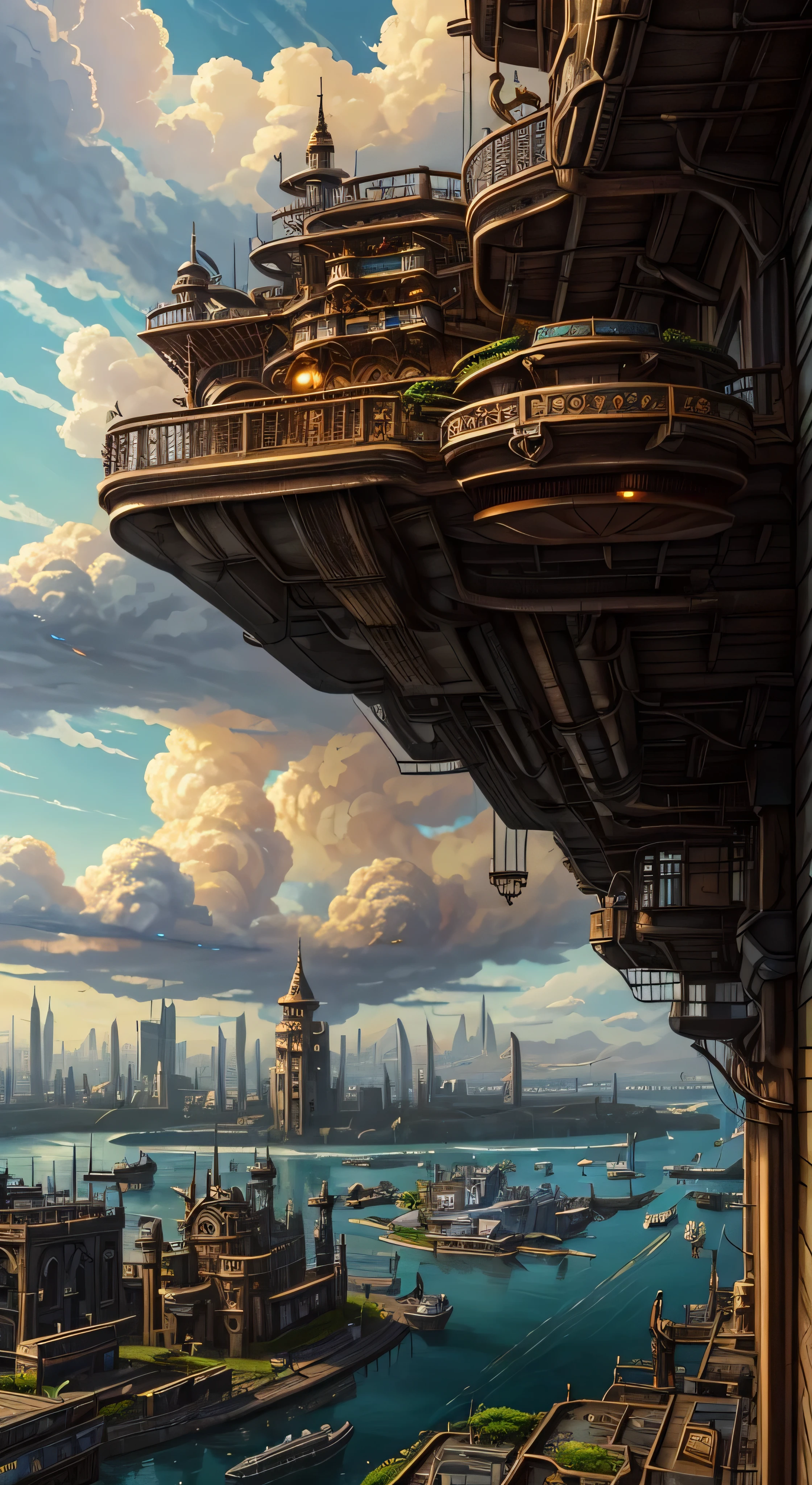 with high definition images，Ultra-detailed、High detail、high quality、8K、Miyazaki style、Steampunk style castle floating in the sky、Clouds and sky、Exudes mystery and technology 。Mirage City。