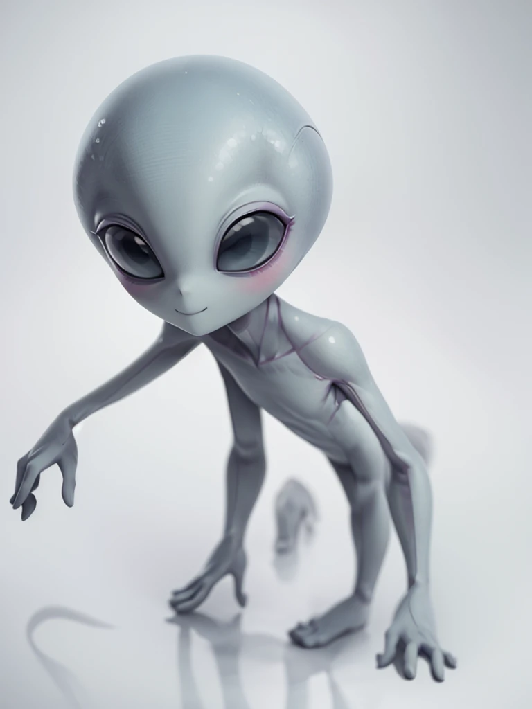 (((Masterpiece))), (high quality),(one alien girl:1.2), ,(innocent smile),5 heads,(Skinhead,Gray aliens,Large, dark, almond-shaped eyes,:1.2),(No hair, no whites, no ears:1.3),(Wearing a silver body-fitting suit:1.2),(leaning forward:1.5),Plain background,(from above:1.5)