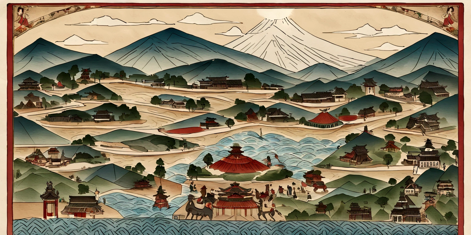 Red Chilis, Basil, Mt Hood,rivers,Sun,Mountain and sea skylark scrolls,Ancient mythology《Mountain and Sea Scriptures》,epic composition,Shadowing,national style,martial art,migration,Practice martial artartial arts